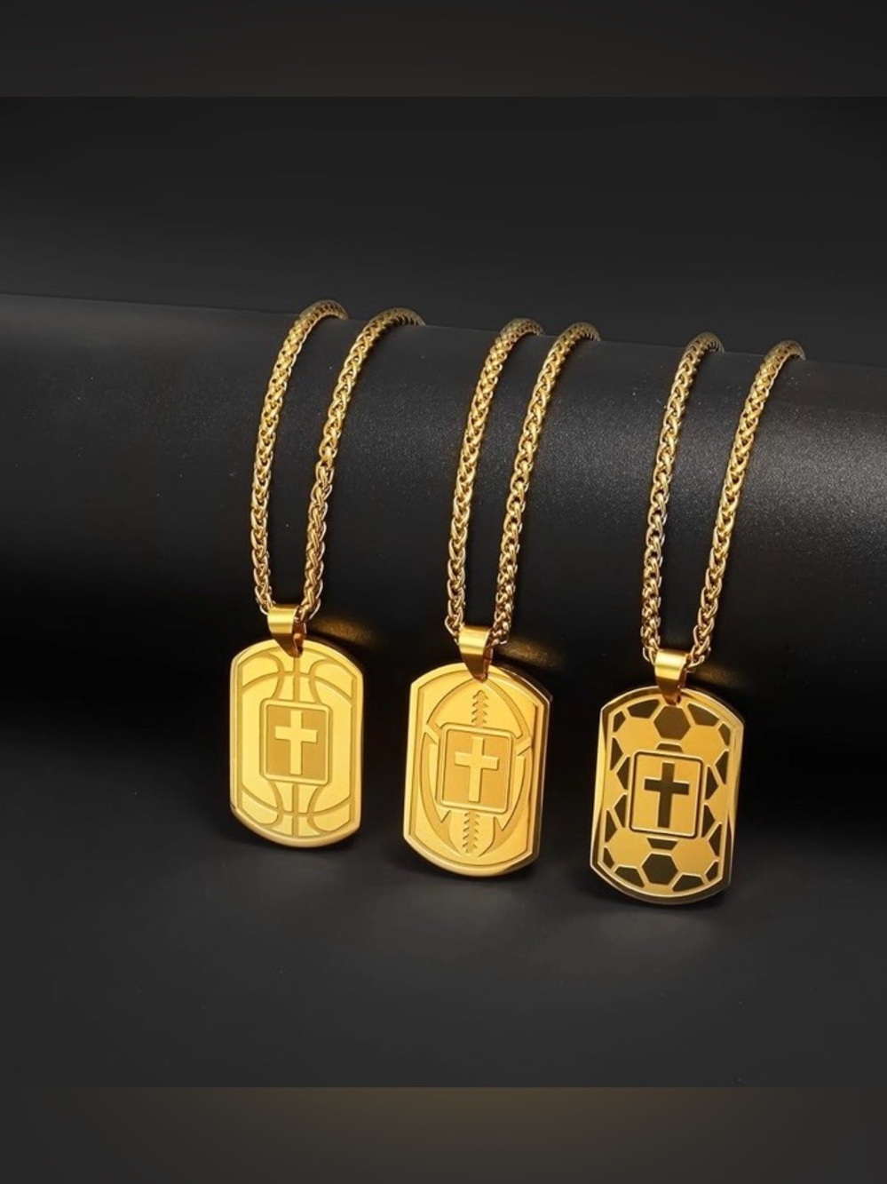 Basketball Cross Necklace for Men Gold Stainless Steel Dog Tag Christian Baptism - Picture 4 of 6